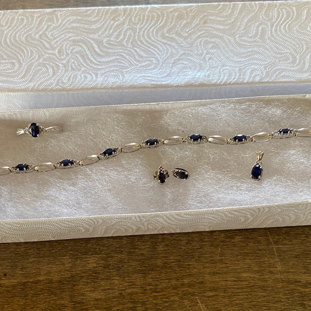 10K White Gold Blue Sapphire Jewelry Set - Necklace, Ring, Pendant, Earrings